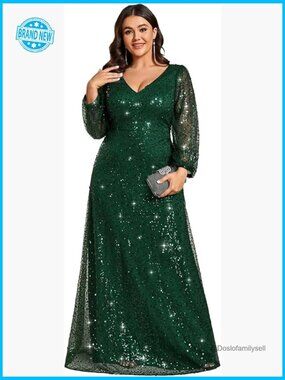 Elegant A-Line V Neck Sequin Formal Dress Long Sleeves Plus Size Evening Gown
